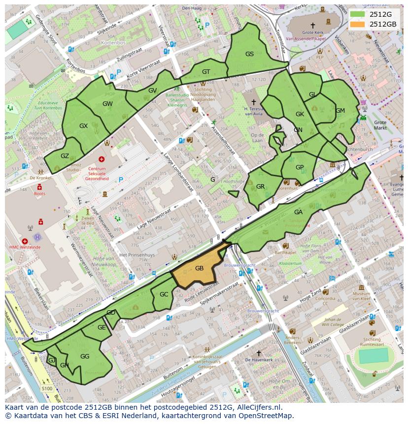 Afbeelding van het postcodegebied 2512 GB op de kaart.