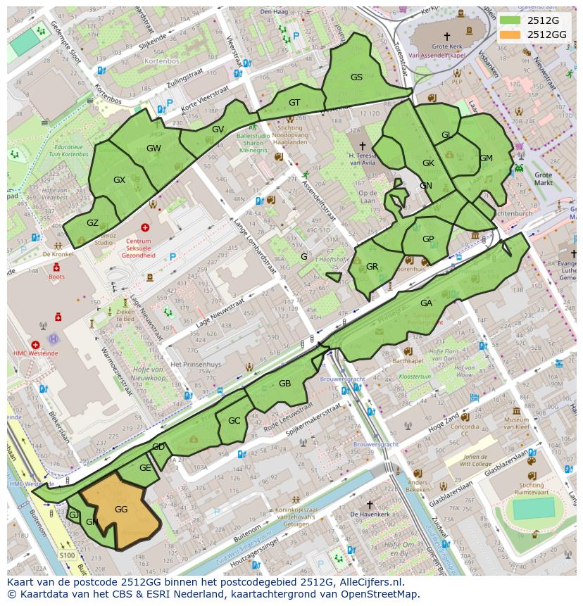 Afbeelding van het postcodegebied 2512 GG op de kaart.