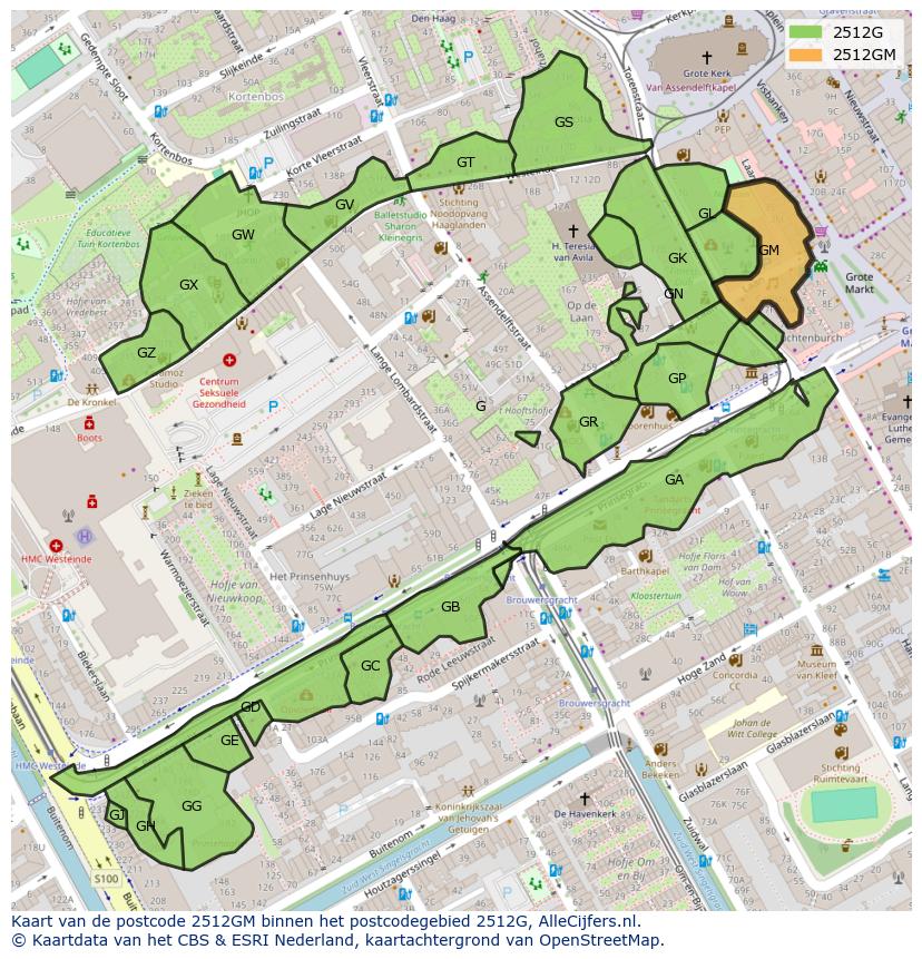 Afbeelding van het postcodegebied 2512 GM op de kaart.