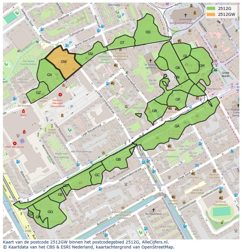 Afbeelding van het postcodegebied 2512 GW op de kaart.