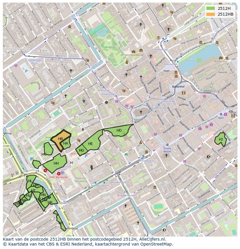 Afbeelding van het postcodegebied 2512 HB op de kaart.