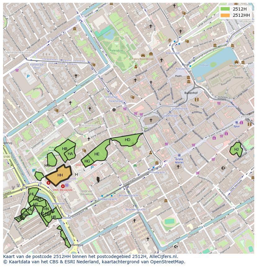 Afbeelding van het postcodegebied 2512 HH op de kaart.