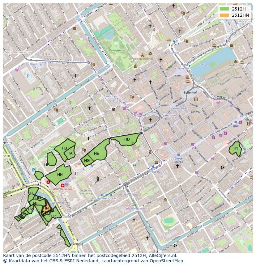 Afbeelding van het postcodegebied 2512 HN op de kaart.