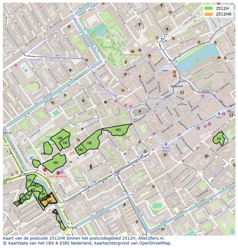 Afbeelding van het postcodegebied 2512 HR op de kaart.