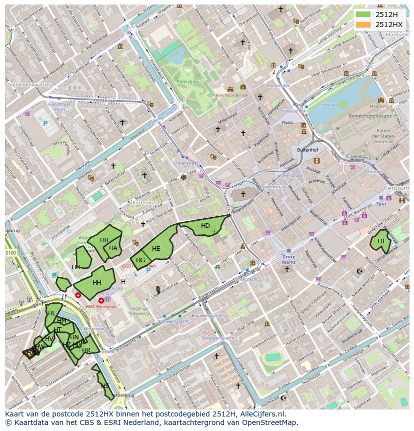 Afbeelding van het postcodegebied 2512 HX op de kaart.