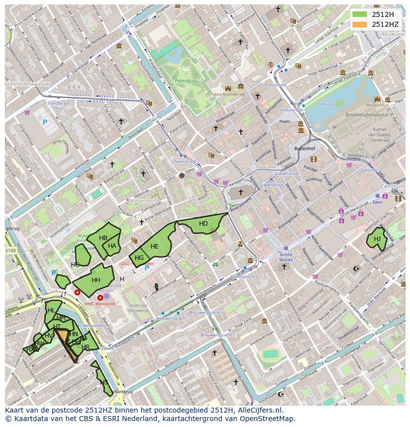 Afbeelding van het postcodegebied 2512 HZ op de kaart.
