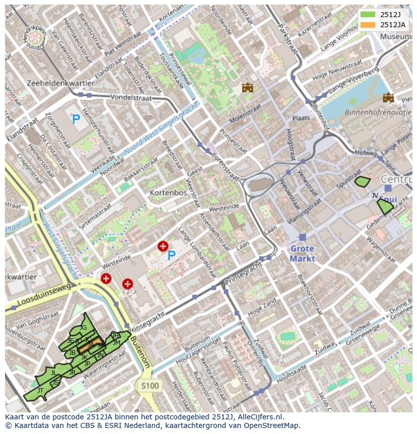 Afbeelding van het postcodegebied 2512 JA op de kaart.