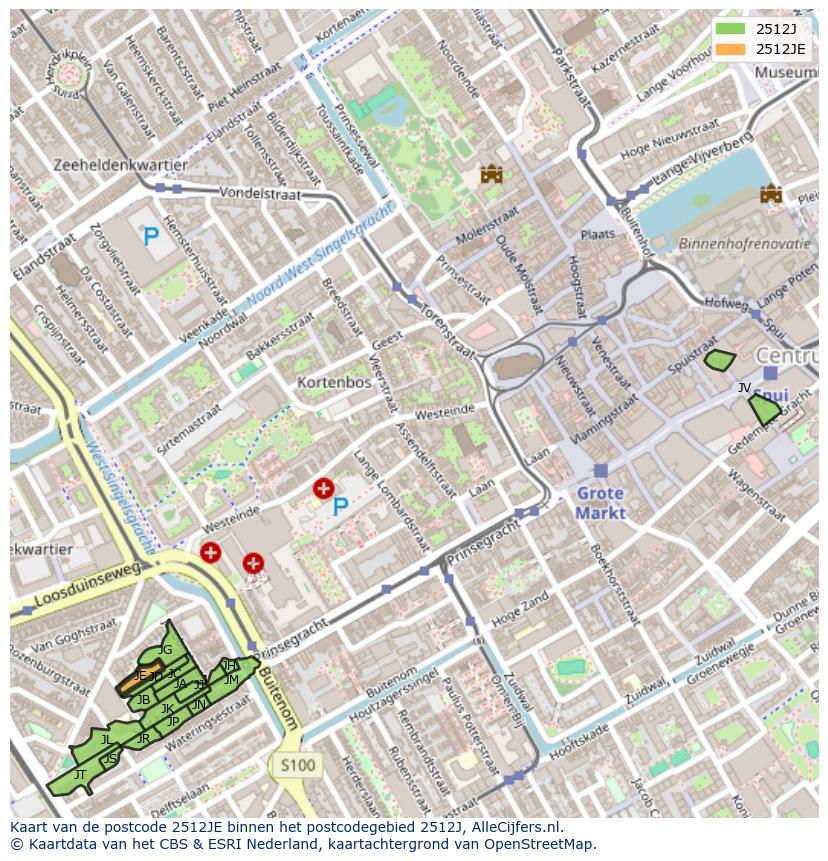 Afbeelding van het postcodegebied 2512 JE op de kaart.