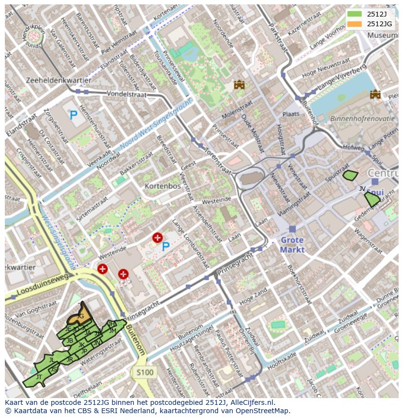 Afbeelding van het postcodegebied 2512 JG op de kaart.
