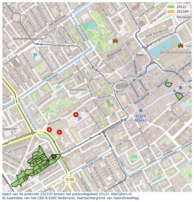 Afbeelding van het postcodegebied 2512 JH op de kaart.