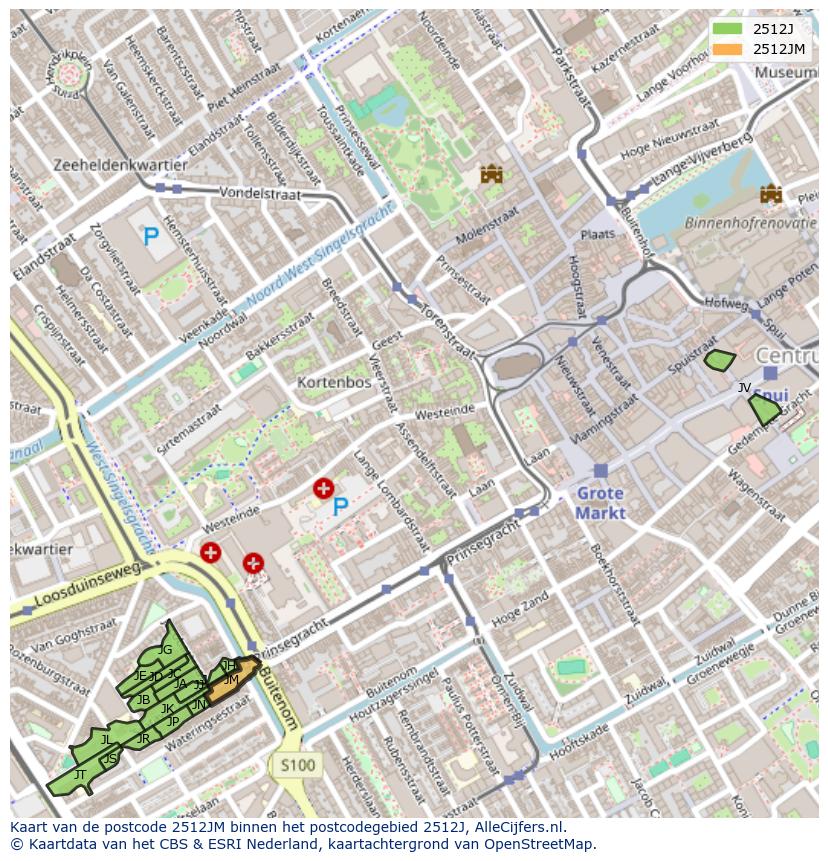 Afbeelding van het postcodegebied 2512 JM op de kaart.