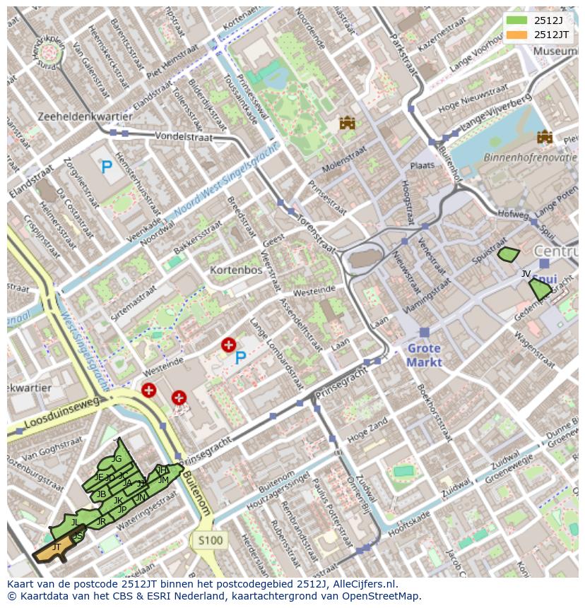 Afbeelding van het postcodegebied 2512 JT op de kaart.