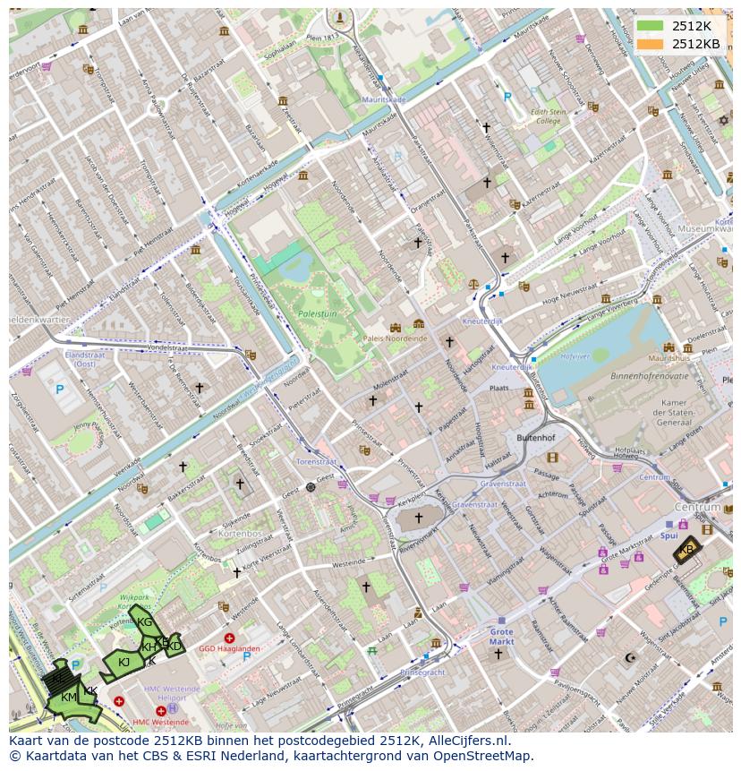 Afbeelding van het postcodegebied 2512 KB op de kaart.