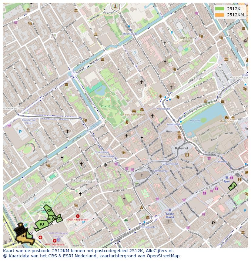 Afbeelding van het postcodegebied 2512 KM op de kaart.
