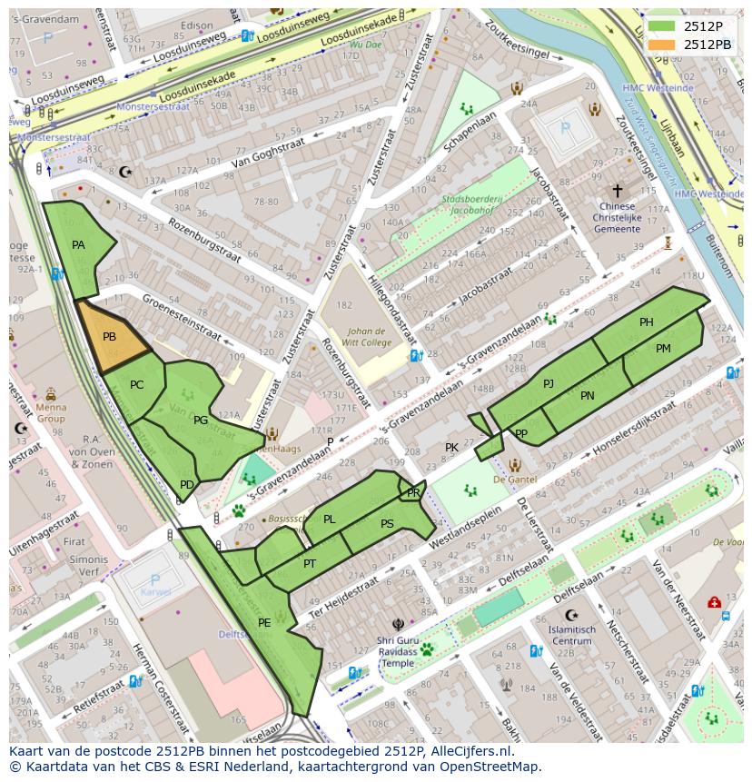 Afbeelding van het postcodegebied 2512 PB op de kaart.
