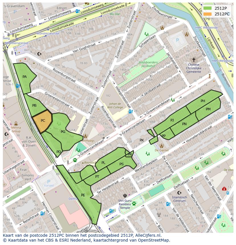 Afbeelding van het postcodegebied 2512 PC op de kaart.