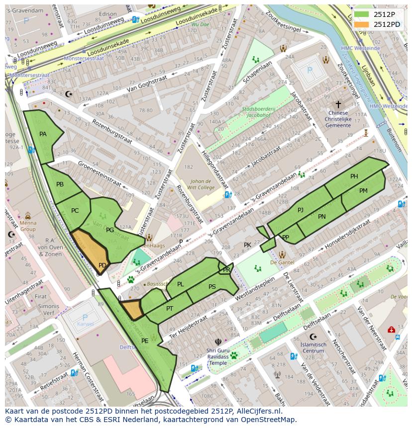 Afbeelding van het postcodegebied 2512 PD op de kaart.
