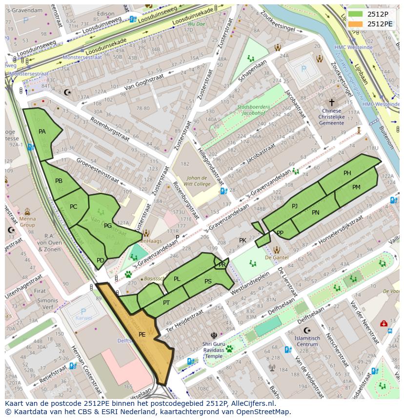 Afbeelding van het postcodegebied 2512 PE op de kaart.