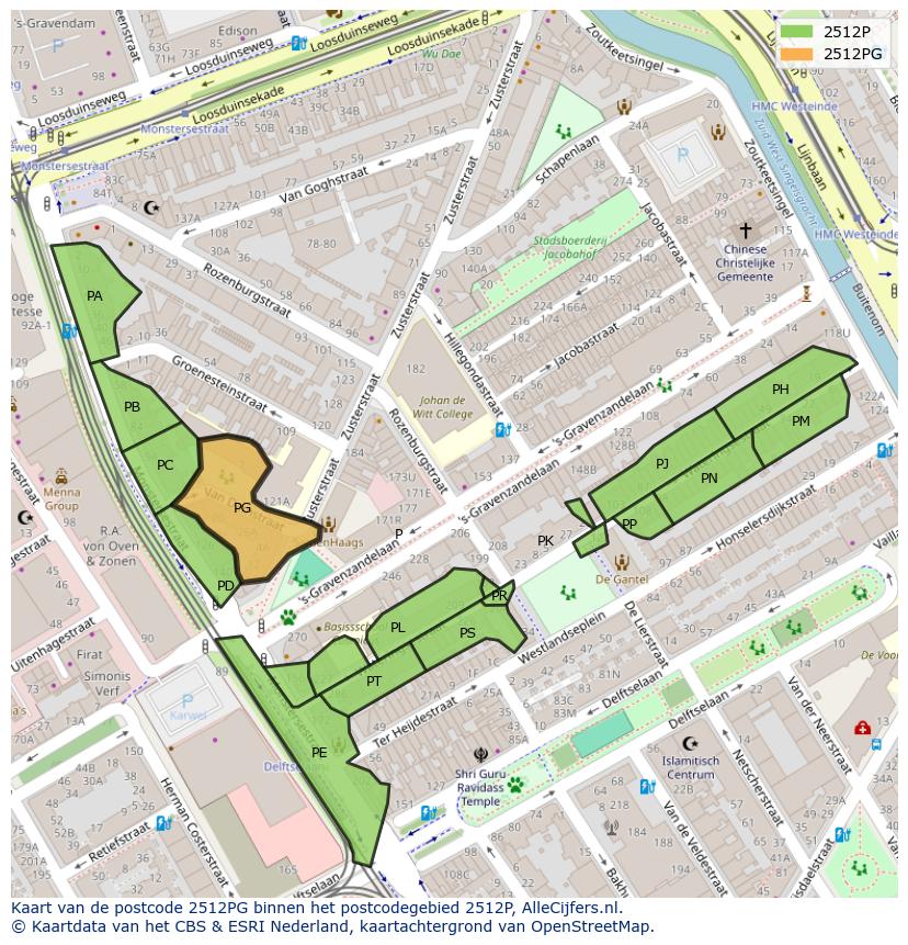 Afbeelding van het postcodegebied 2512 PG op de kaart.