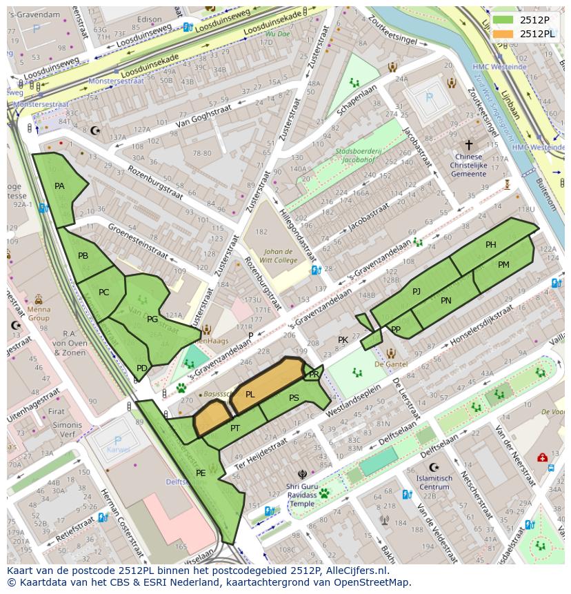 Afbeelding van het postcodegebied 2512 PL op de kaart.