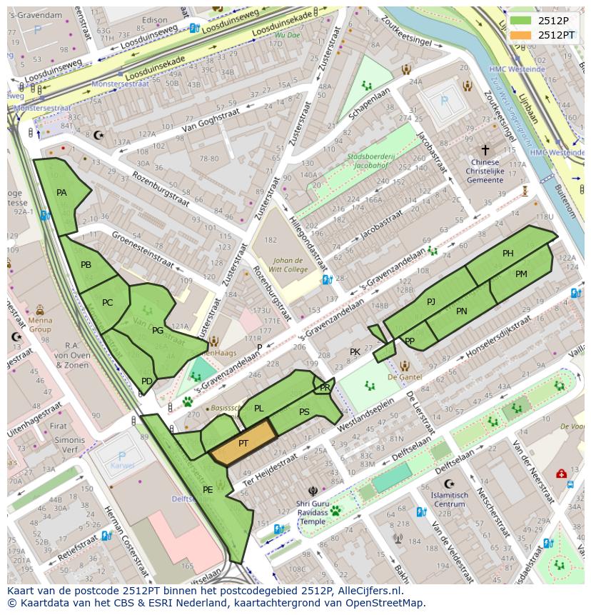 Afbeelding van het postcodegebied 2512 PT op de kaart.