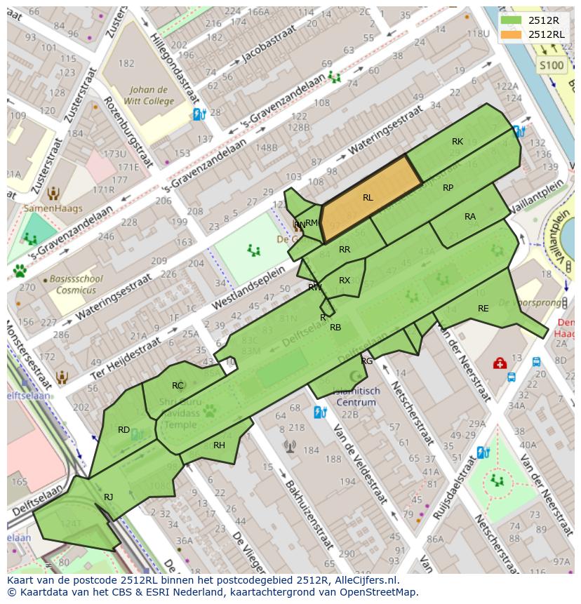 Afbeelding van het postcodegebied 2512 RL op de kaart.