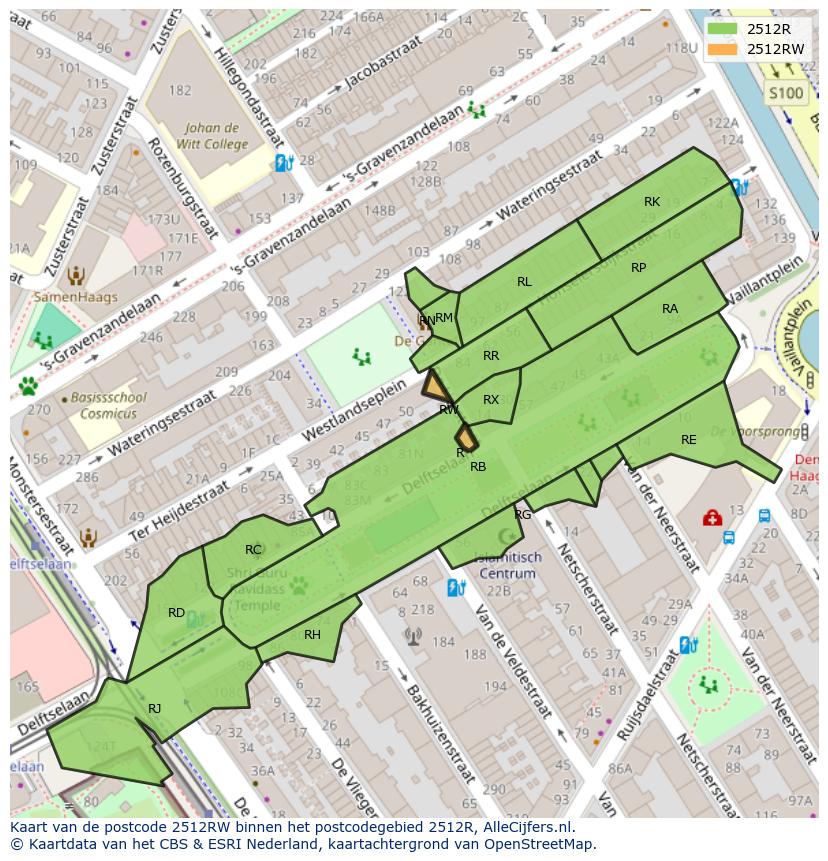 Afbeelding van het postcodegebied 2512 RW op de kaart.