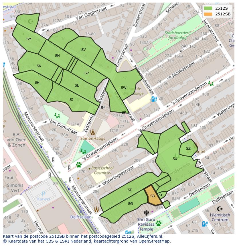 Afbeelding van het postcodegebied 2512 SB op de kaart.
