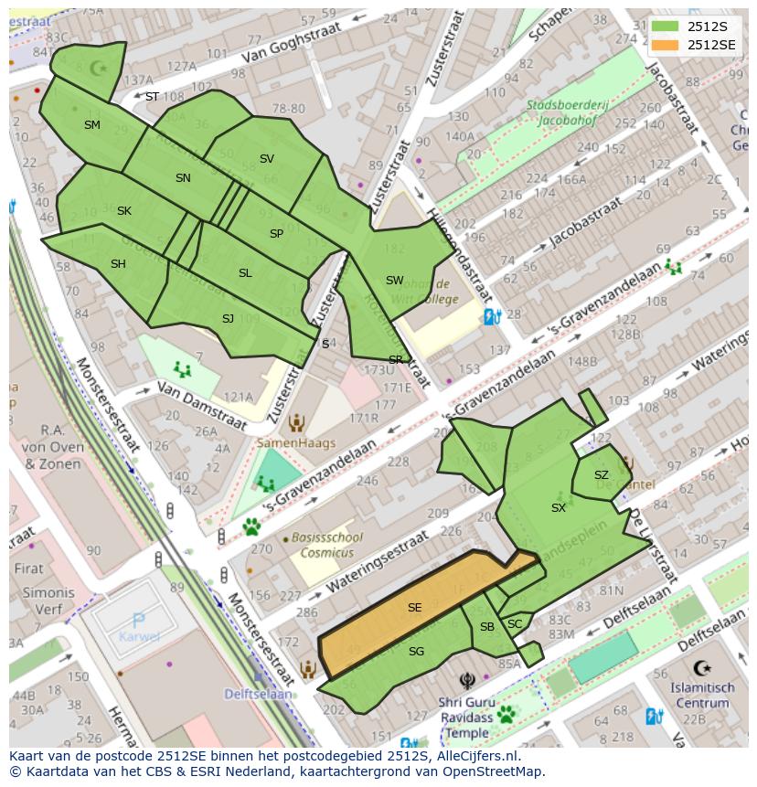 Afbeelding van het postcodegebied 2512 SE op de kaart.