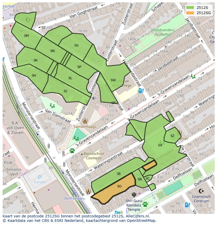 Afbeelding van het postcodegebied 2512 SG op de kaart.
