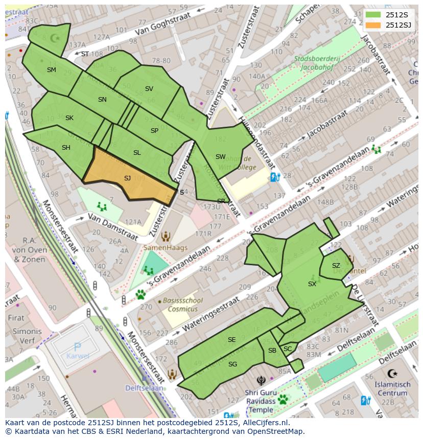 Afbeelding van het postcodegebied 2512 SJ op de kaart.