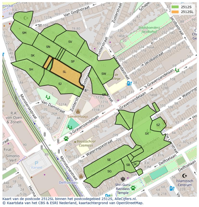Afbeelding van het postcodegebied 2512 SL op de kaart.