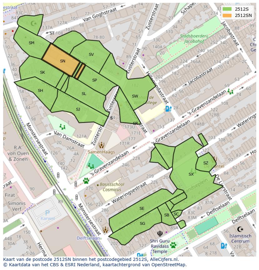 Afbeelding van het postcodegebied 2512 SN op de kaart.