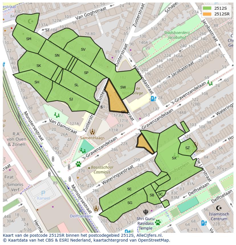 Afbeelding van het postcodegebied 2512 SR op de kaart.
