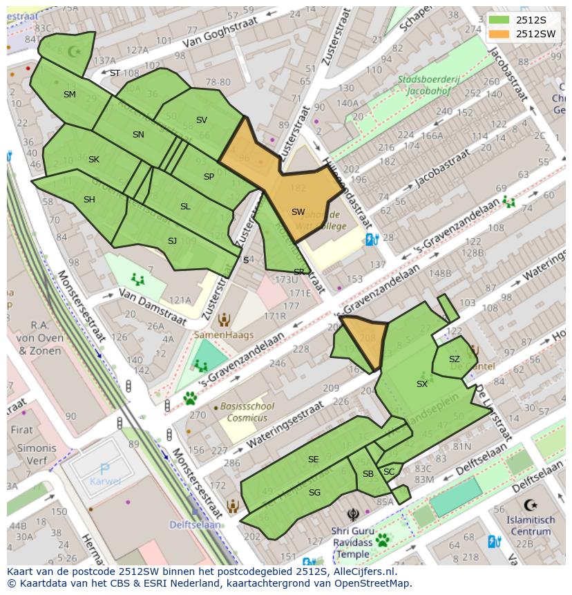 Afbeelding van het postcodegebied 2512 SW op de kaart.