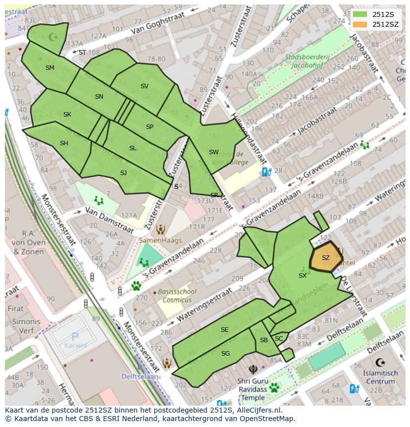 Afbeelding van het postcodegebied 2512 SZ op de kaart.