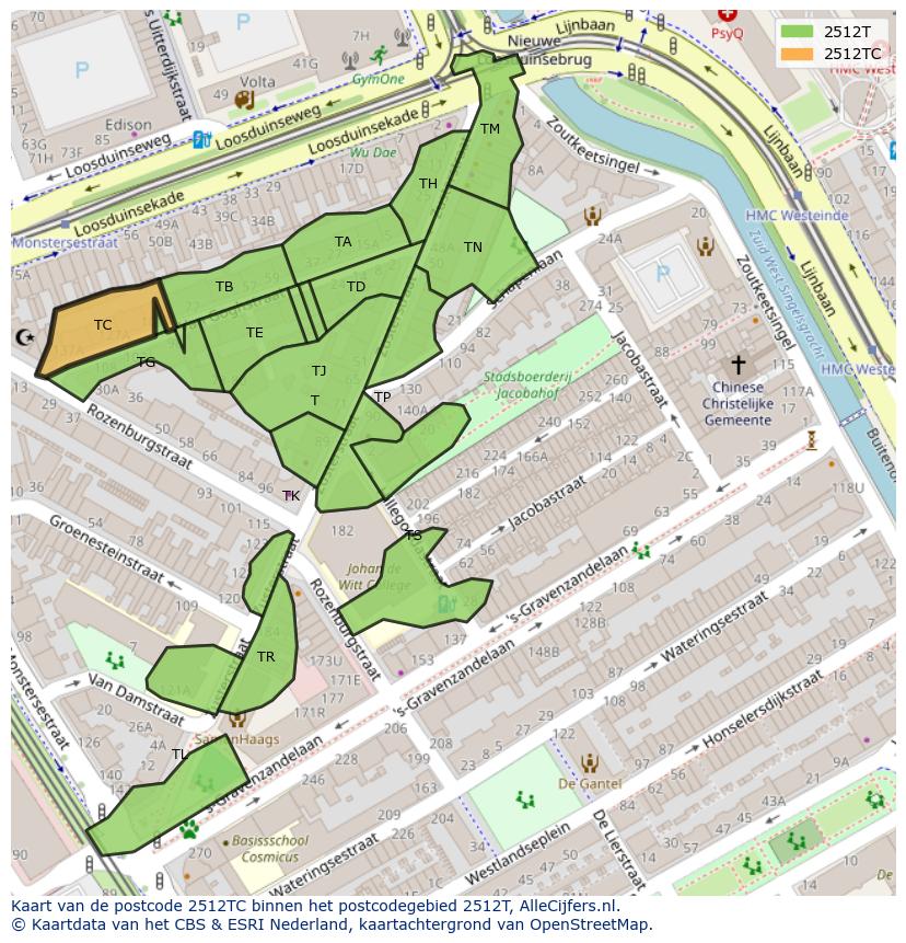 Afbeelding van het postcodegebied 2512 TC op de kaart.