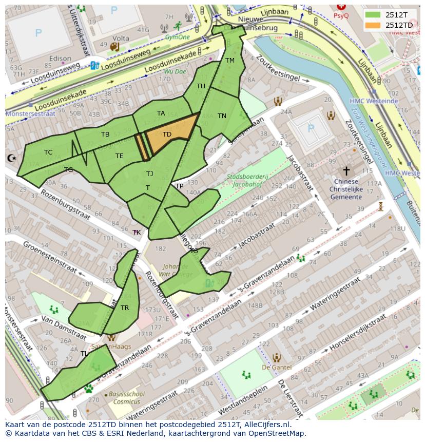 Afbeelding van het postcodegebied 2512 TD op de kaart.