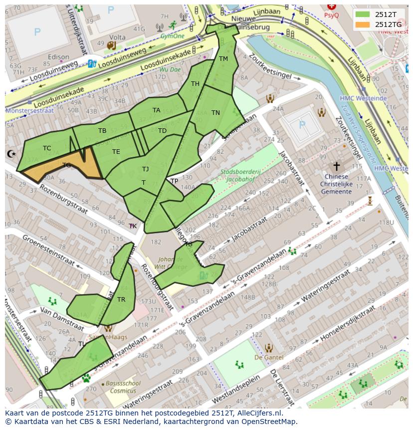 Afbeelding van het postcodegebied 2512 TG op de kaart.