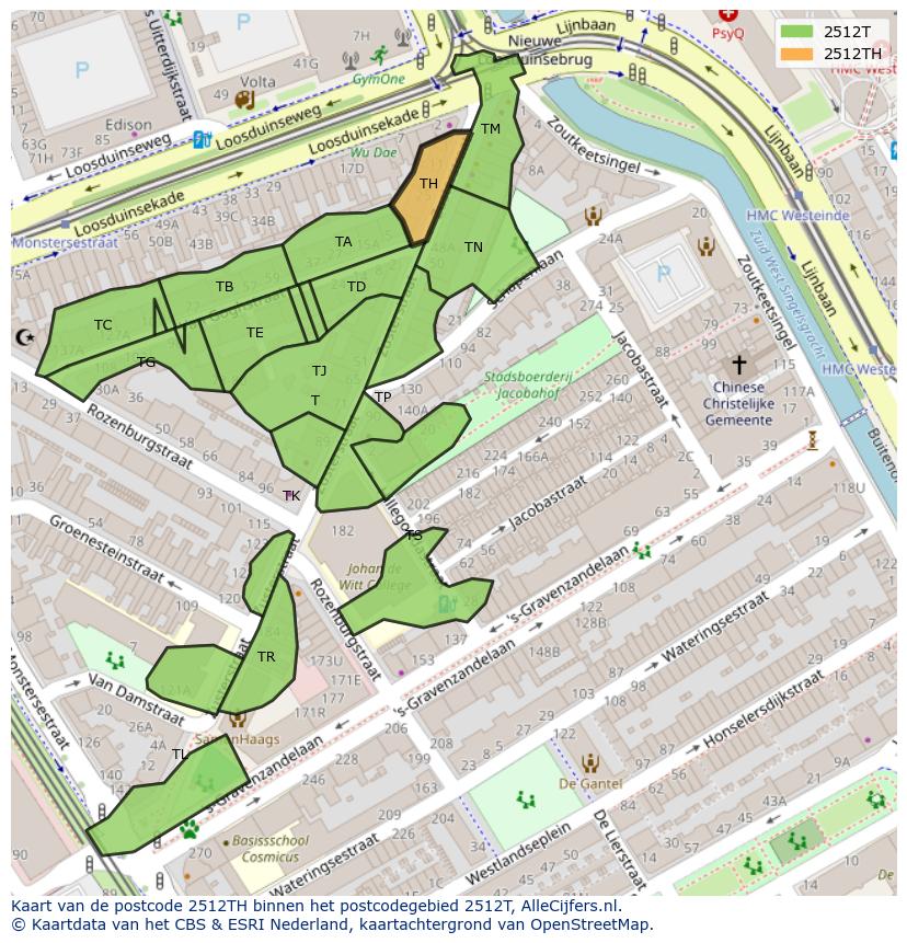Afbeelding van het postcodegebied 2512 TH op de kaart.
