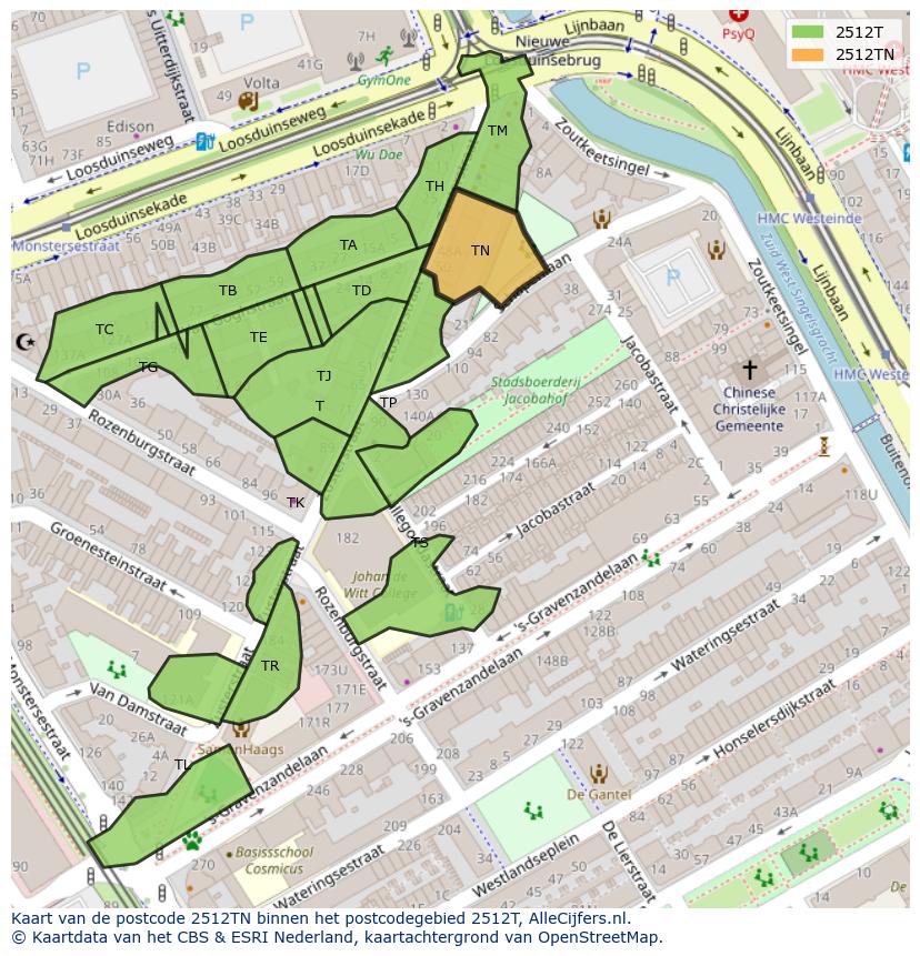 Afbeelding van het postcodegebied 2512 TN op de kaart.