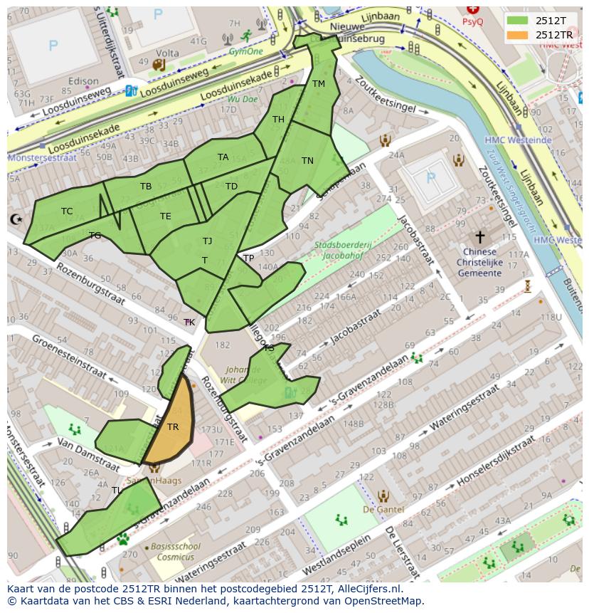 Afbeelding van het postcodegebied 2512 TR op de kaart.