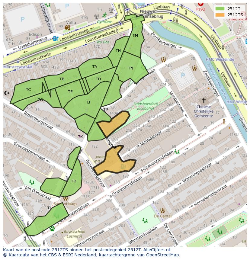 Afbeelding van het postcodegebied 2512 TS op de kaart.