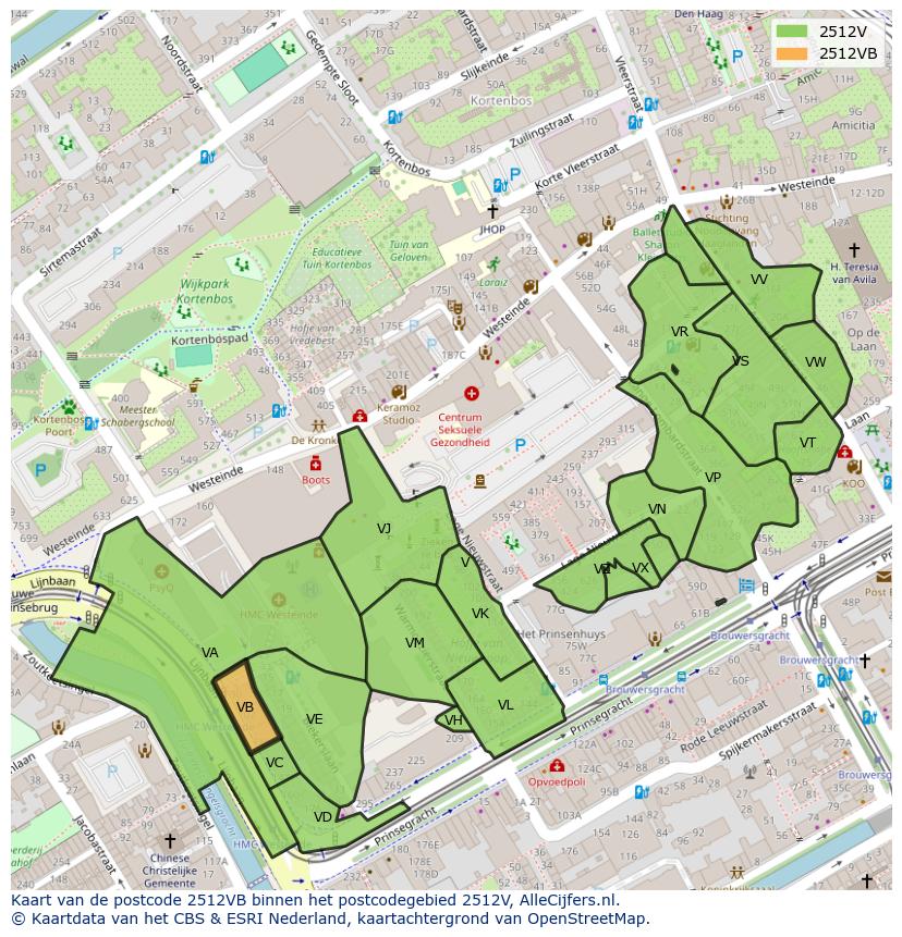 Afbeelding van het postcodegebied 2512 VB op de kaart.