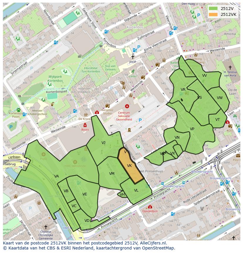 Afbeelding van het postcodegebied 2512 VK op de kaart.