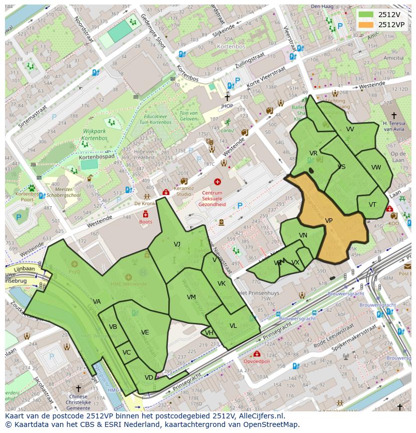 Afbeelding van het postcodegebied 2512 VP op de kaart.