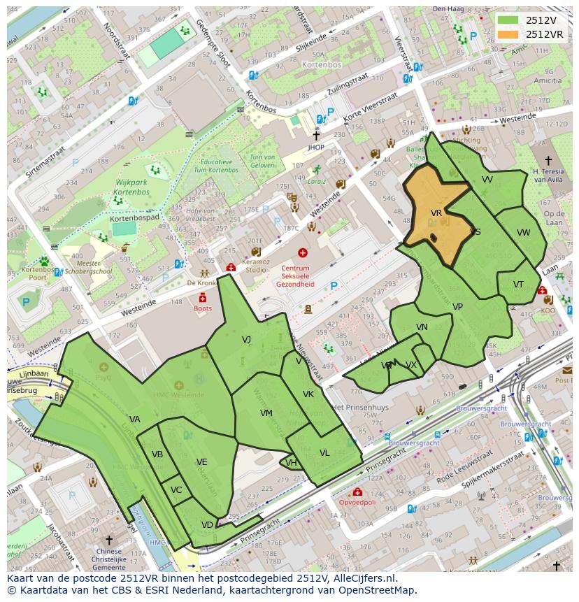 Afbeelding van het postcodegebied 2512 VR op de kaart.