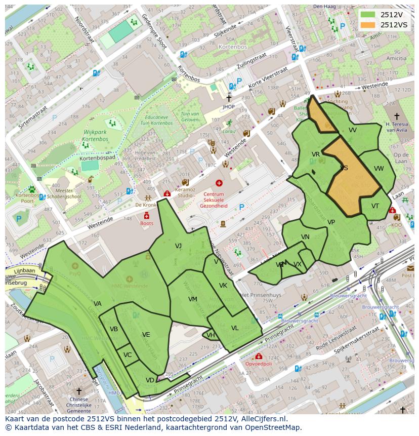 Afbeelding van het postcodegebied 2512 VS op de kaart.