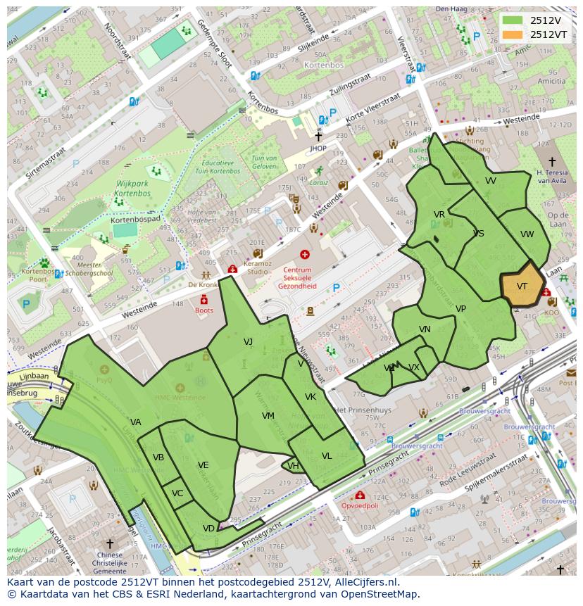 Afbeelding van het postcodegebied 2512 VT op de kaart.