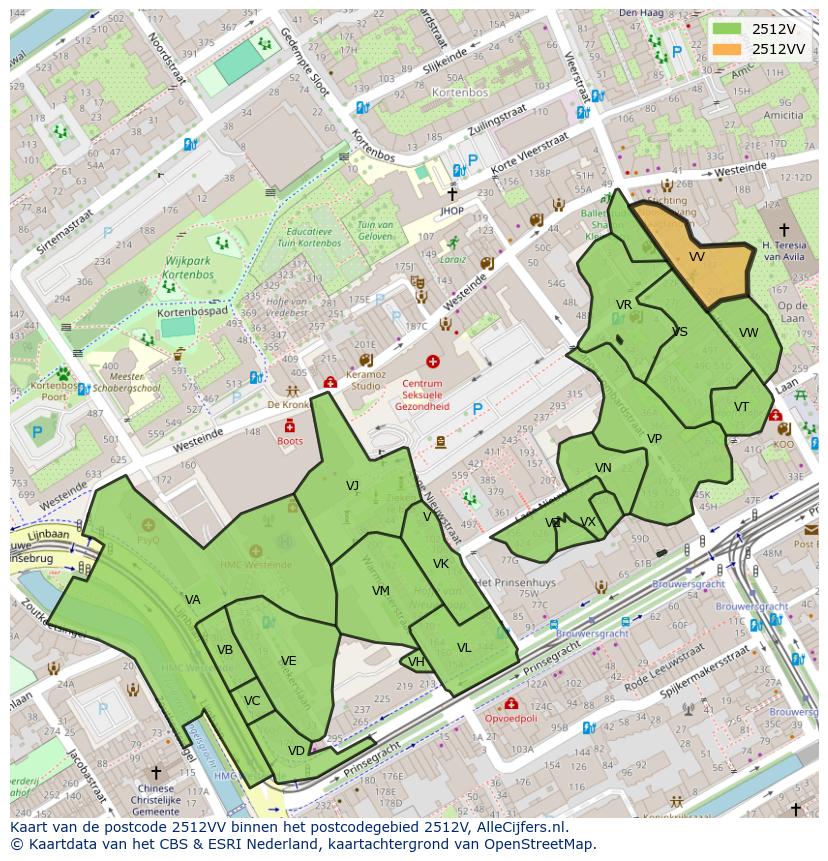 Afbeelding van het postcodegebied 2512 VV op de kaart.